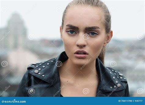 Urban Girl Posing Black Leather Jacket Rooftop Stock Photo Image Of