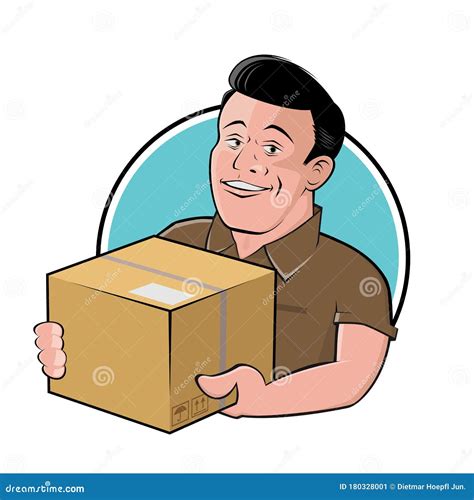 Funny Cartoon Delivery Guy With Parcel In A Badge Stock Vector