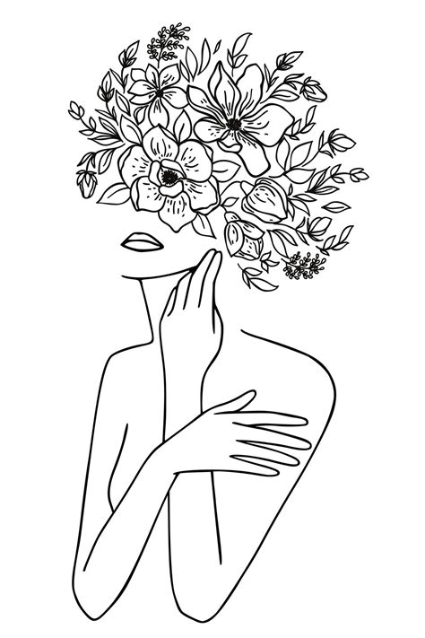 Woman With Flowers Ii Line Art Wallpaper Happywall Grayscale Line