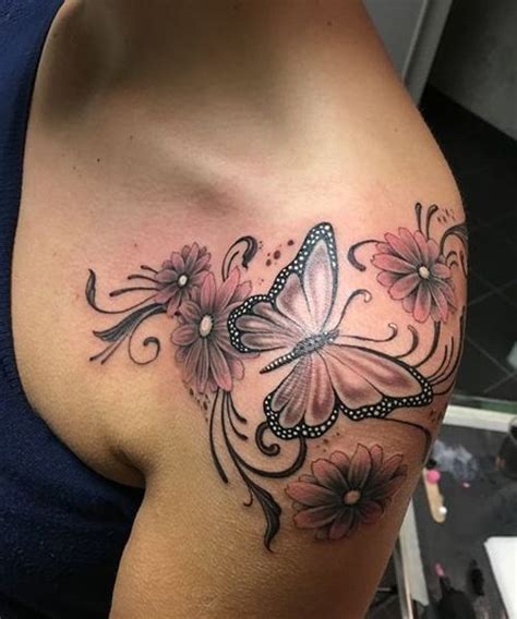 So Pretty Butterfly And Flower Tattoos On Shoulder For Women Styles