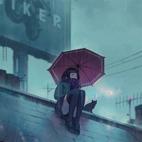 Sad Girl In Rain With Umbrella Anime