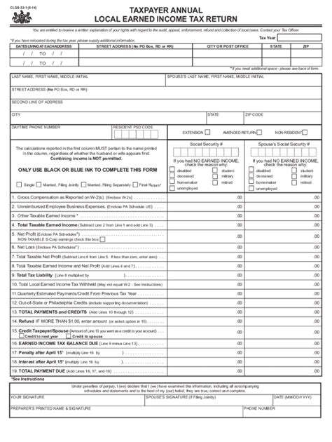 Taxpayer Annual Local Earned Income Tax Return Pa Department Of Fill And Sign Printable