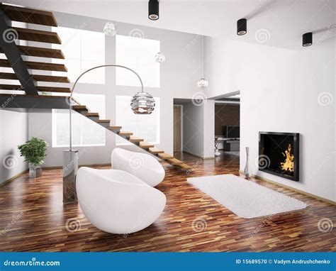 Modern Interior With Fireplace And Staircase 3d Stock Illustration