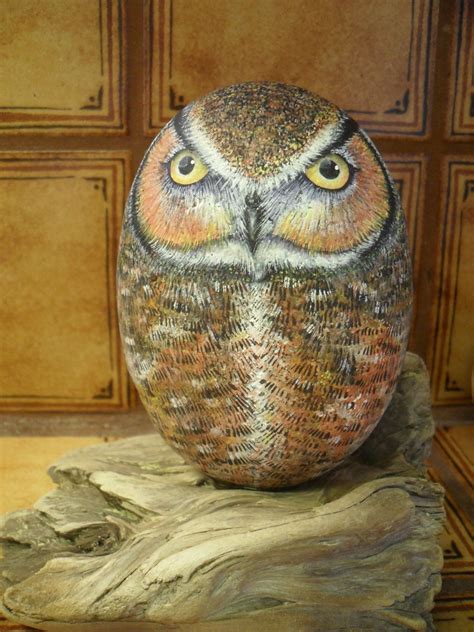 Great Horned Owl Rock On Driftwood Ooak Hand Painted