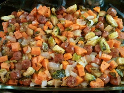 Then, put in the garlic and apples, cooking for about another minute. Brussel Sprout And Chicken-Apple Sausage Bake Recipe ...