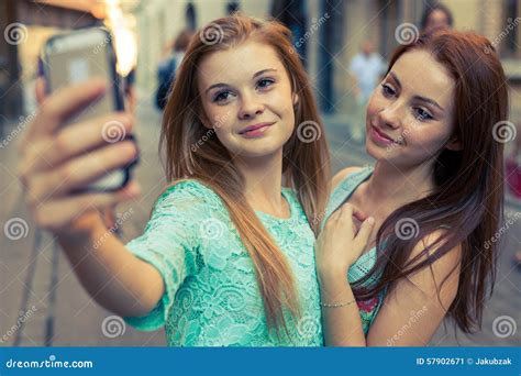 Two Pretty Girls Taking Selfie Urban Background Stock Image Image Of