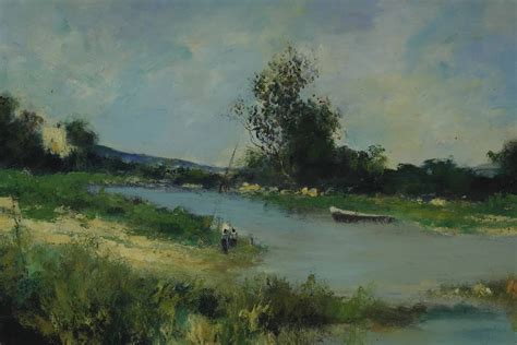 French Country Landscape Oil Painting With River And Fishermen Vintage