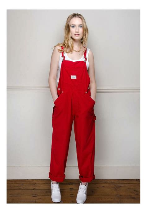 Woman In Red Dungarees Red Overalls Red And White Shirt Clothes