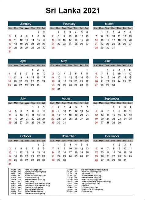 Printable Sri Lanka 2021 Calendar With Holidays Pdf Calendar Dream