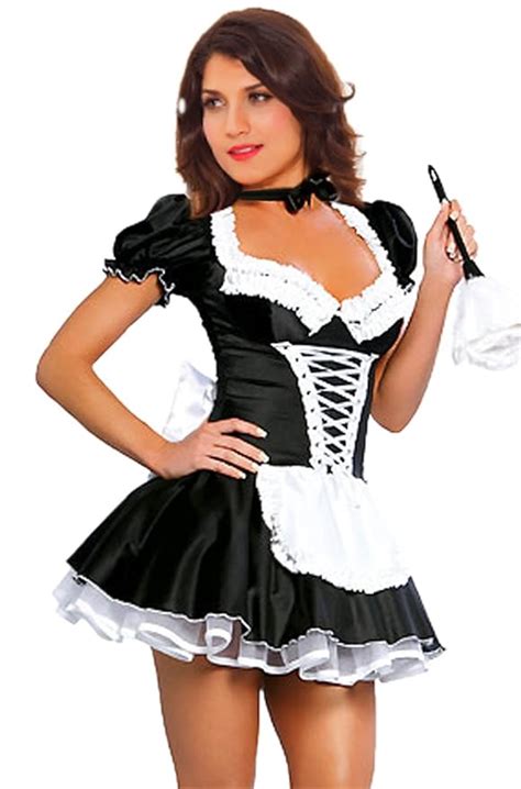 Jj Gogo Women S French Maid Costume Sexy Black Satin Halloween Fancy