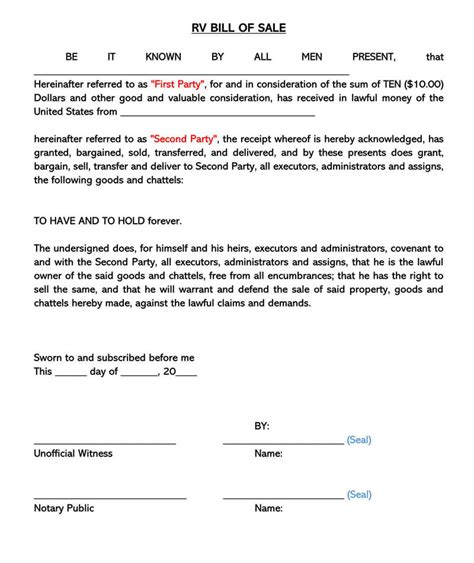 Recreational Vehicle Rv Bill Of Sale Forms Word Pdf