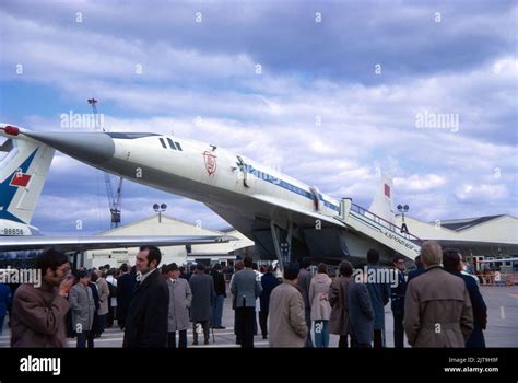 tupolev tu 144 russian supersonic airliner concordeski at paris air show 30 may 1973 four
