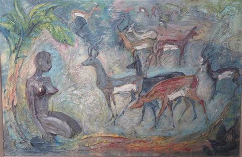Victor Elford 1912 2002 Relief Painting Of Antelope And Kneeling