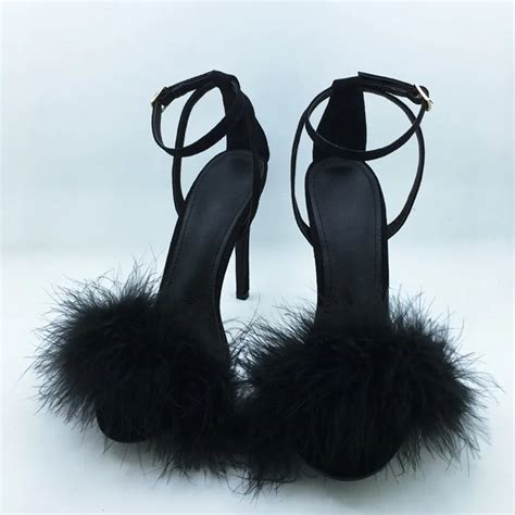 Ladies High Quality Summer Shoes Black Sexy Faux Fur Heels Lovely Black