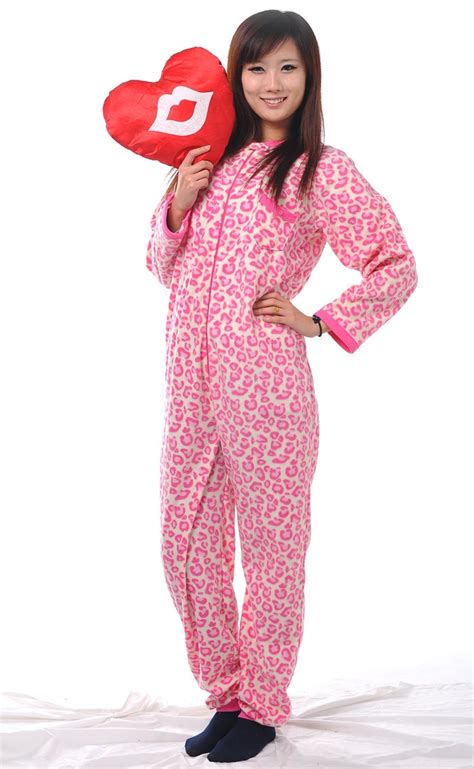 Hot Unisex Adult Pink Leopard Pyjamas Footed Pajamas Sleepsuit Onesie