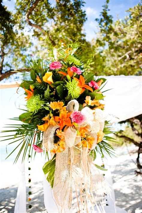 Tropical Beach Wedding Ceremony With Orange And Pink