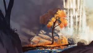 Wallpaper Trees Painting Fall Leaves Waterfall Digital Art