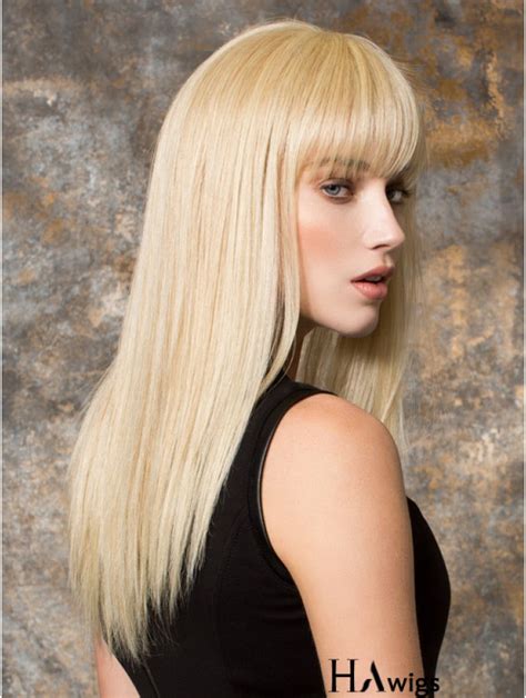 Long Blonde Synthetic Wigs Monofilament Blonde Color With Bangs