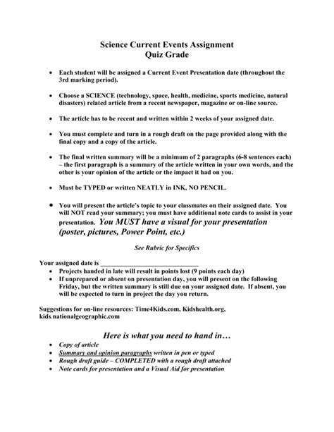 Science Current Events Assignment Quiz Grade Presentation You