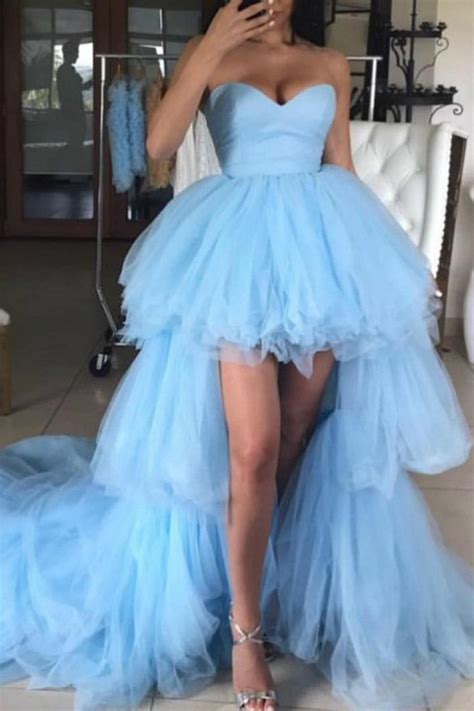 Sky Blue Sweetheart High Low Prom Dresses With Rich Tulle Long Train Loveangeldress