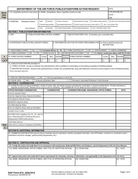 Daf Form 673 Department Of The Air Force Publicationform Action