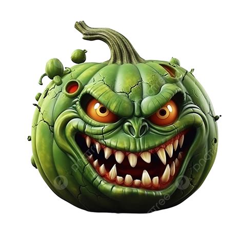3d Realistic Green Zombie Pumpkin With Angry Face And Red Eyes