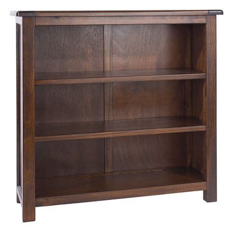Bookcase 3 Shelf Storage Unit Solid Pine Dark Wood Low Wide Display