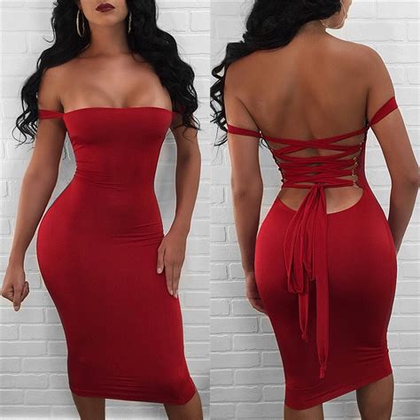 Sexy Lace Up Backless Strapless Dress Solid Red Color Women Party Nightclub Dresses Female