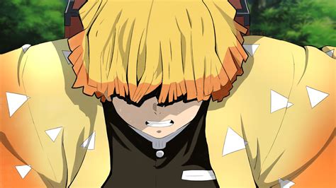 Demon Slayer Zenitsu Agatsuma With Yellow Hair With Background Of Green
