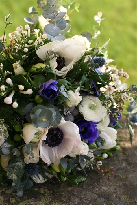 Bridesmaids Bouquet With White And Blue Anemones Anemone Wedding