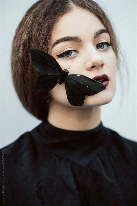 Portrait Of A Young Woman And Black Butterflies By Jovana Rikalo Face