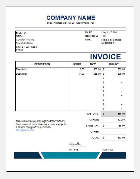 Service Billinvoice Templates For Ms Excel Excel Templates