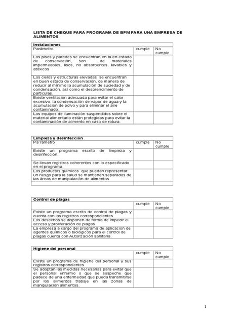 Lista Chequeo Bpm Pdf Alimentos Contaminación