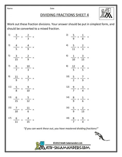 Division Fractions Worksheets Grade 6