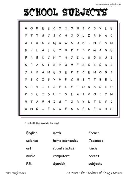 School Subjects Word Searches Worksheet For 1st 4th Grade Lesson Planet