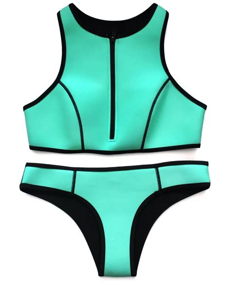 High Quality Green Zipper Sexy Triangle Neoprene Bikini 2016 Sports