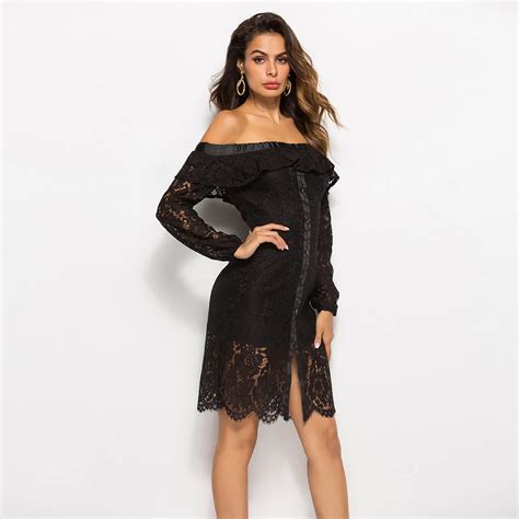 women lace slash neck dresses long sleeves hollowed out lotus leaves fashion dress in dresses