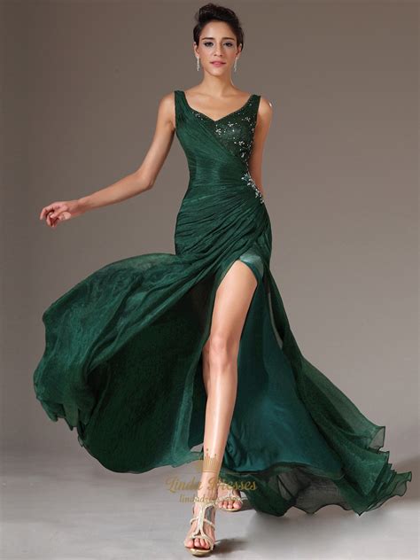 Emerald Green Chiffon V Neck Beaded Prom Dress With Side Draped Bodice