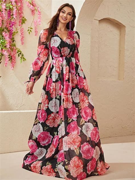 fniseti floral print lantern sleeve maxi dress shein