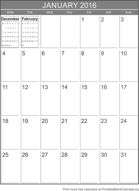 Printable Calendar January 2016 Printable Blank
