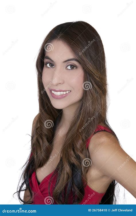 Young Hispanic Woman Smiling Portrait Red Top Stock Photo Image Of