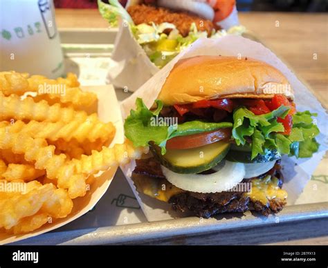 Close Up Shot Of A Set Of Burger And Fries In Shake Shack Ate At Las