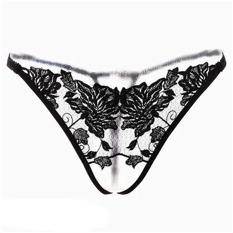Open Crotch Thongs Crotchless Hollow Lace Thongs Solid Women Black Underwear Lady See Through