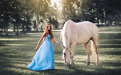 Blue Dress Girl Long Hair White Horse Grass Trees Sunshine