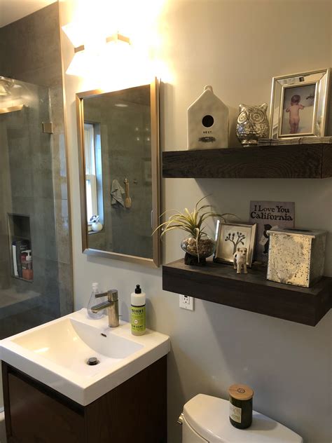 This bathroom shows a beautiful thing, with a set of easy access shelves that have a different when it comes to shelves, displaying floating shelves has become a popular choice that is seen. Bathroom floating shelves I made out of oak. | Floating ...