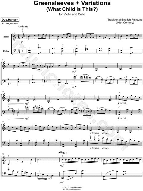 This is an easy song and requires practice. Duo.Hansen "Greensleeves + Variations - Violin & Cello" Sheet Music in A Minor - Download ...
