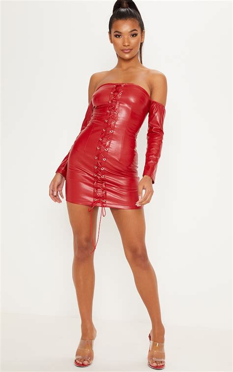 Red Faux Leather Bardot Bodycon Dress Prettylittlething Usa