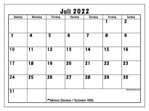 Kalender For Juli 2022 For Utskrift “48sl” Michel Zbinden No
