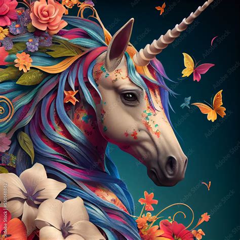 Rainbow Unicorn With Flowers And Butterflies Ai Stock Illustration