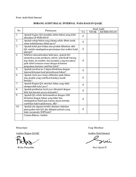 Doc Contoh Form Audit Halal Internal Last Update 2014 Suci Apsari